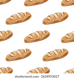 Seamless pattern with hand drawn vintage sketch of french baguette in brown ink. Classic engraving style illustration perfect for bakery branding, food packaging, kitchen decor and textile design.
