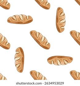 Seamless pattern with hand drawn vintage sketch of french baguette in brown ink. Classic engraving style illustration perfect for bakery branding, food packaging, kitchen decor and textile design.
