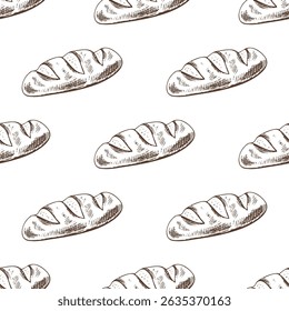 Seamless pattern with hand drawn vintage sketch of french baguette in brown ink. Classic engraving style illustration perfect for bakery branding, food packaging, kitchen decor and textile design.