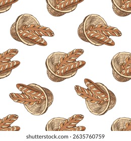 Seamless pattern with hand drawn vintage sketch of wicker basket filled with baguettes in color. Engraving style ideal for bakery branding, packaging, kitchen decor and food-themed textile prints.