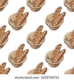 Seamless pattern with hand drawn vintage sketch of wicker basket filled with baguettes in color. Engraving style ideal for bakery branding, packaging, kitchen decor and food-themed textile prints.