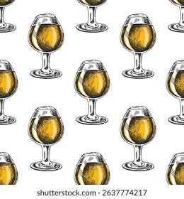 Seamless pattern with hand drawn vintage wine or brandy glasses. Elegant retro engraving style with yellow liquid. Ideal for alcohol packaging, bar menus, restaurant branding, textiles.
