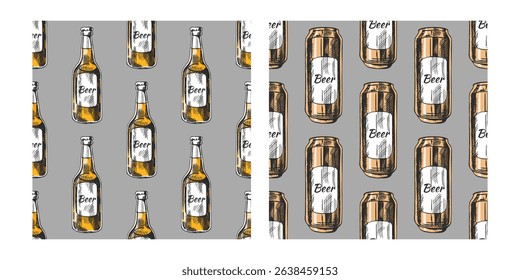 Seamless pattern with hand drawn vintage beer bottles and cans. Retro style illustration in engraving technique. Perfect for bar design, packaging, pub menus, fabric, wrapping paper.