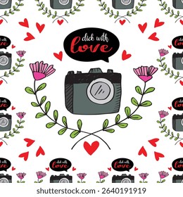 Seamless pattern with hand drawn vintage camera  flowers  hearts and lettering