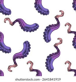 Seamless pattern with hand drawn vintage octopus tentacles in purple and pink colors. Engraving style design for marine themes, summer packaging and fabric prints.