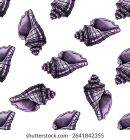 Seamless pattern of hand drawn vintage purple sea shells in engraving style. Perfect for marine packaging, beach textiles, summer wrapping paper and nautical decor projects.
