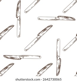 Seamless pattern with hand drawn vintage butter knives in brown sketch style. Perfect for kitchen textiles, packaging, menu decoration, culinary projects and food-themed backgrounds.