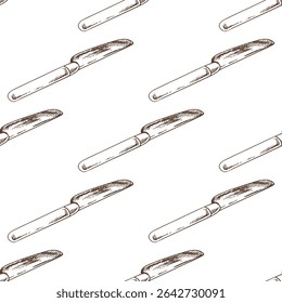 Seamless pattern with hand drawn vintage butter knives in brown sketch style. Perfect for kitchen textiles, packaging, menu decoration, culinary projects and food-themed backgrounds.