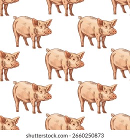 Seamless pattern with hand drawn vintage pig in warm brown colors. Great for kids textiles, packaging, farm-themed designs, wrapping paper, and nursery decor.