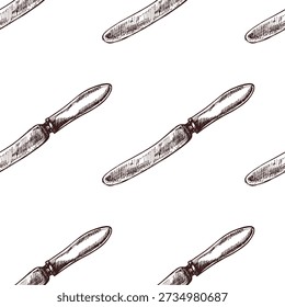 Seamless pattern of hand drawn vintage knife in monochrome sketch style. Repeating design for retro kitchen decor, wrapping paper, menu backgrounds, culinary packaging and fabric prints.