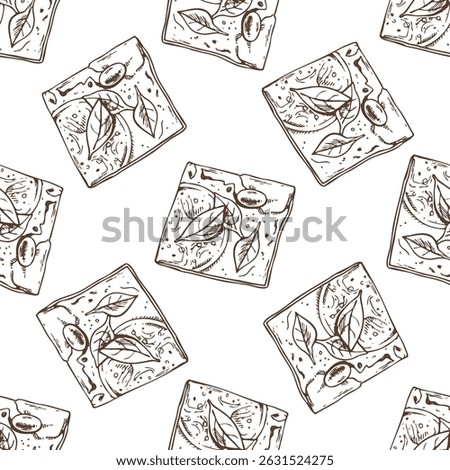 Seamless pattern with hand drawn vintage sketch of focaccia bread squares topped with olives and herbs in brown ink. Engraving style illustration for bakery packaging, mediterranean cuisine branding