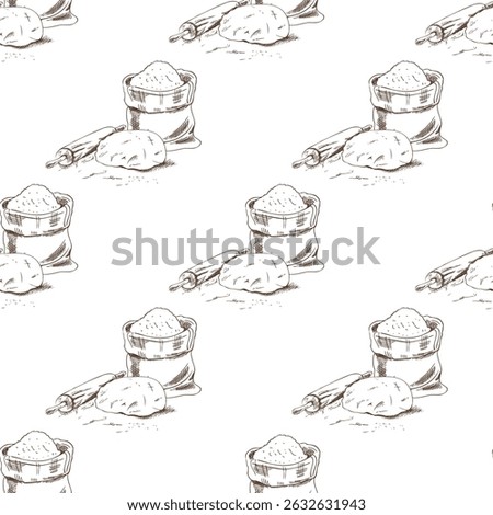Seamless pattern with hand drawn vintage sketch of flour sack, rolling pin and raw dough in brown ink. Engraving style for bakery branding, culinary packaging and rustic kitchen-themed decoration.