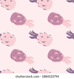 Seamless pattern with hand drawn vitamin exotic dragon fruit silhouettes. Light background. Pink and purple tones. Designed for fabric design, textile print, wrapping, cover. Vector illustration.