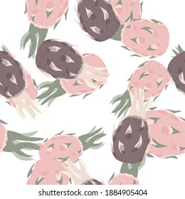 Seamless pattern with hand drawn vitamin exotic dragon fruit silhouettes. White background. Designed for fabric design, textile print, wrapping, cover. Vector illustration.