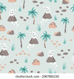 Seamless pattern with hand drawn volcanoes, palms, stones, leaves in scandinavian style. Creative vector trendy childish background for fabric, textile