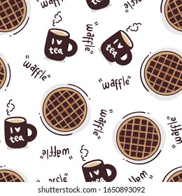 seamless pattern with hand drawn waffle and tea cup. creative food designs for fabric, wrapping, wallpaper, textile, apparel. vector illustration