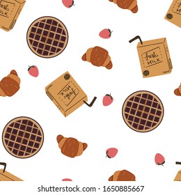 seamless pattern with hand drawn waffle,croissant,choco milk and strawberry. creative food designs for fabric, wrapping, wallpaper, textile, apparel. vector illustration