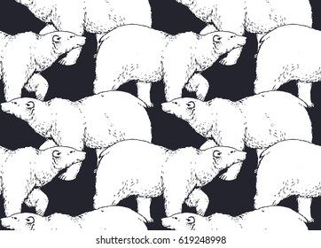 seamless pattern with hand drawn walking polar bear on black background