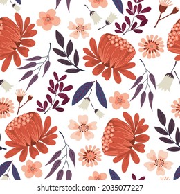 seamless pattern of hand drawn waratah flower and leaf on white background