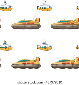 seamless pattern. Hand drawn water transpor. kids toy hovercraft, submarine