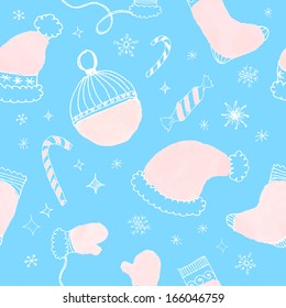 Seamless pattern with hand drawn watercolor christmas doodle. Vector illustration.