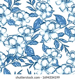 Seamless pattern with hand drawn watercolor monotone blue flowers and leaves. floral background  pattern for wallpaper or fabric on white color background 