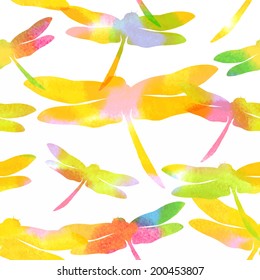 Seamless pattern with hand drawn watercolor dragonflies. Vector illustration