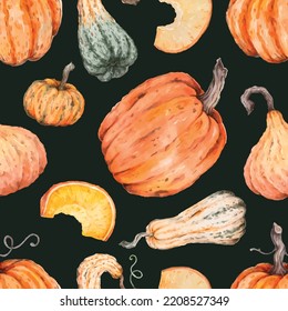 Seamless pattern with hand drawn watercolor orange pumpkins on dark background. Colorful autumn illustration for surface design, wallpapers, wrapping, seasonal and halloween greetings