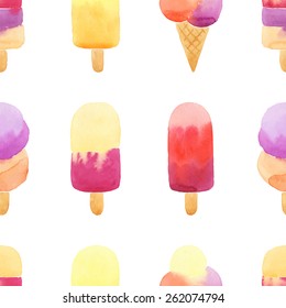 Seamless pattern with hand drawn watercolor ice cream. Watercolor dessert for wrapping, fabric, wallpaper. Bright background. Vector illustration.