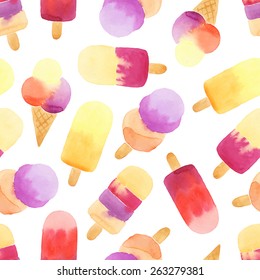 Seamless pattern with hand drawn watercolor ice cream. Watercolor dessert for wrapping, fabric, wallpaper. Bright background. Vector illustration.