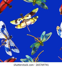 Seamless pattern with hand drawn watercolor dragonflies on the blue background. Vector illustration.