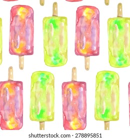 Seamless pattern with hand drawn watercolor ice cream. Watercolor dessert for wrapping, fabric, wallpaper. Bright background. Vector illustration.
