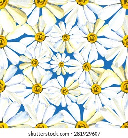 seamless pattern with hand drawn watercolor camomiles