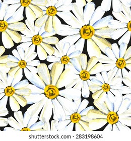 seamless pattern with hand drawn watercolor camomile on a black background