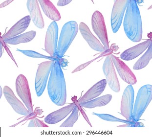Seamless pattern with hand drawn watercolor dragonflies. Vector illustration