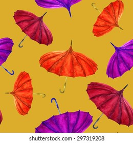 seamless pattern hand drawn watercolor umbrellas on a yellow background