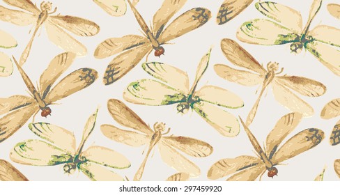 Seamless pattern with hand drawn watercolor dragonflies in vintage style. Vector illustration