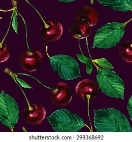 seamless pattern hand drawn watercolor cherries with leaves on a purple background