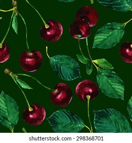 seamless pattern hand drawn watercolor cherries with leaves on a green background