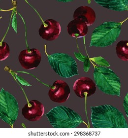 seamless pattern hand drawn watercolor cherries with leaves on a grey background
