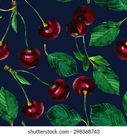 seamless pattern hand drawn watercolor cherries with leaves on a blue background