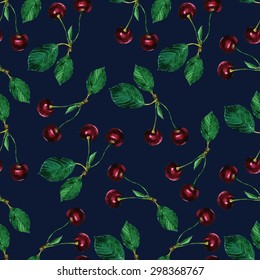 seamless pattern hand drawn watercolor cherry on a blue background