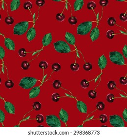 seamless pattern hand drawn watercolor cherry on a red background