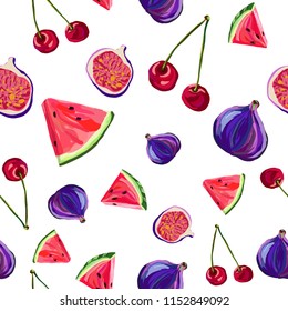 Seamless pattern with hand drawn watermelon slices, cherries and figs for packaging, background and fabric