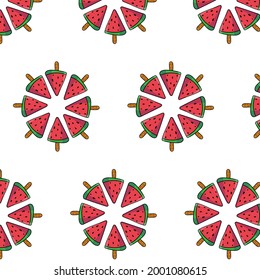 Seamless pattern with hand drawn watermelon on white background vector illustration. Cute cartoon fruit print.