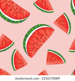 Seamless pattern with hand drawn watermelon slice on pink background.