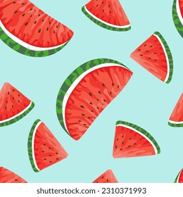 Seamless pattern with hand drawn watermelon slice on blue background.