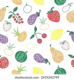 Seamless pattern with hand drawn watermelon, cherry, apple, pear, limon, strawberry,eggplant,currant, onion on white background in childrens naive slyle.