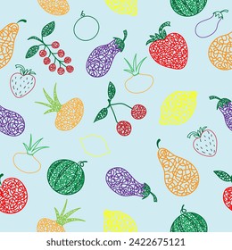 Nahtloses Muster mit handgezeichneter Wassermelone, Kirsche, Apfel, Birne, Zitrone, Erdbeere, Auberginen, Johannisbeeren, Zwiebeln auf blauem Hintergrund bei naiven Kindern.