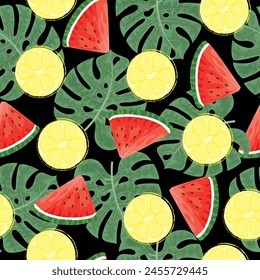 Seamless pattern with hand drawn  watermelon, lemon slace and tropical monstera leaves on black background.